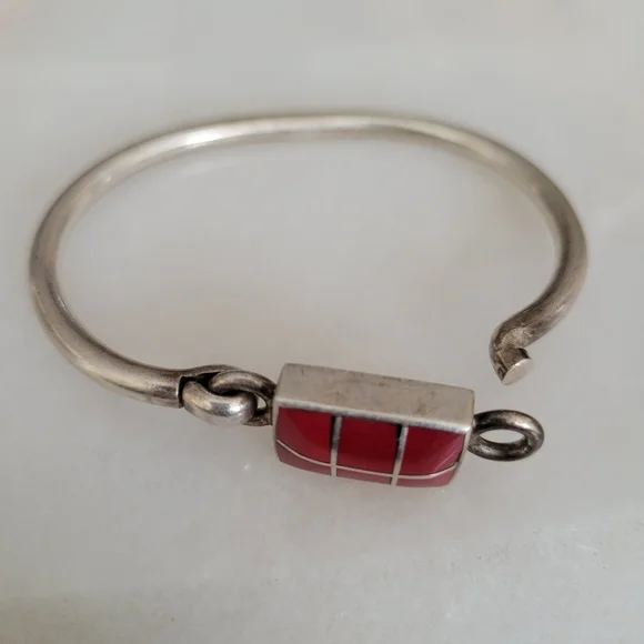 Mexican Sterling Silver And Coral Bangle - Picture 5 of 6